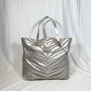 Michael Kors XL Metallic Silver Canvas Zebra Tote Bag